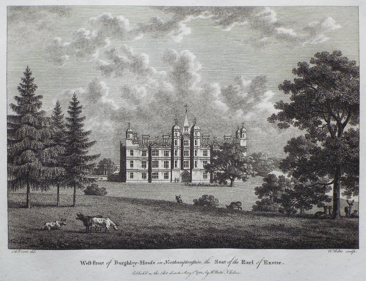 Print - West-Front of Burghley-House in Northamptonshire, the Seat of the Earl of Exeter. - Watts